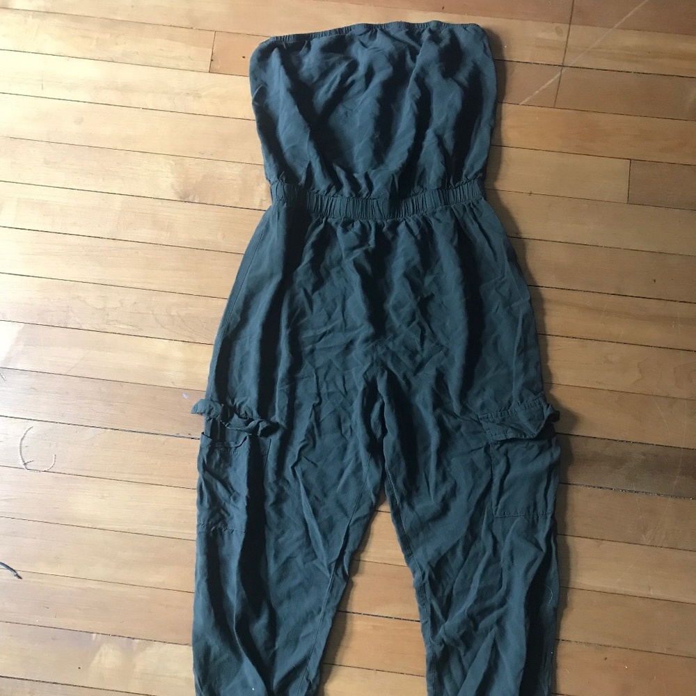 Green utility strapless jumpsuit